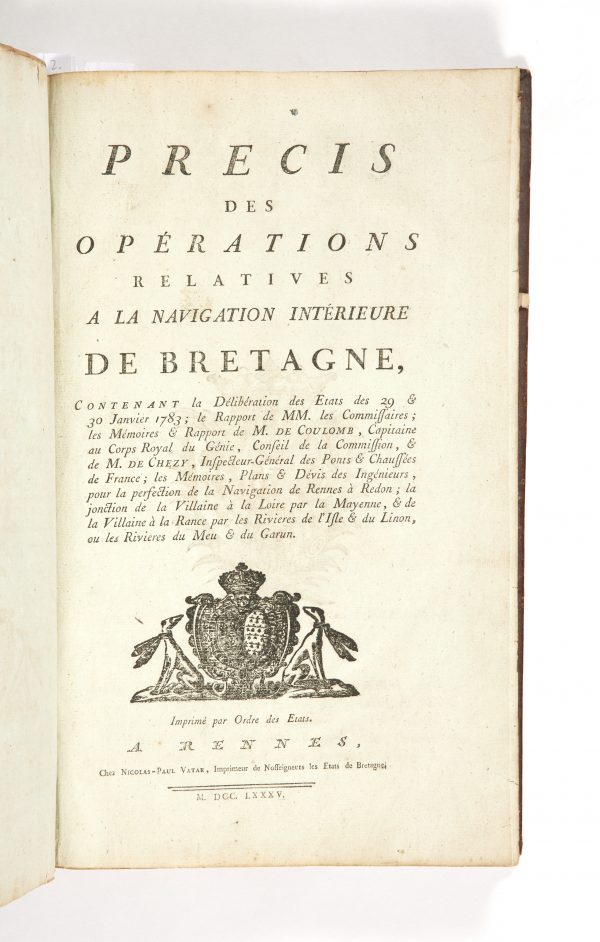<span class="artist-name-product">COULOMB  Charles Augustin de</span> Précis des Opérations relatives à la Navigation intérieure de Bretagne, Contenant la Délibération des Etats des 29 & 30 janvier 1783; le Rapport de MM. les Commissaires; les Mémoires & Rapport de M. de Coulomb, Capitaine au Corps Royal du Génie, Conseil de la Commission, & de M. de Chezy, Inspecteur général des Ponts & Chaussées de France; Les Mémoires, Plans et Devis des Ingénieurs, pour la perfection de la Navigation de Rennes à Redon; la jonction de la Villaine à la Rance par les Rivières de l'Isle et du Linon, ou les Rivières du Meu & du Garun. – Image 7