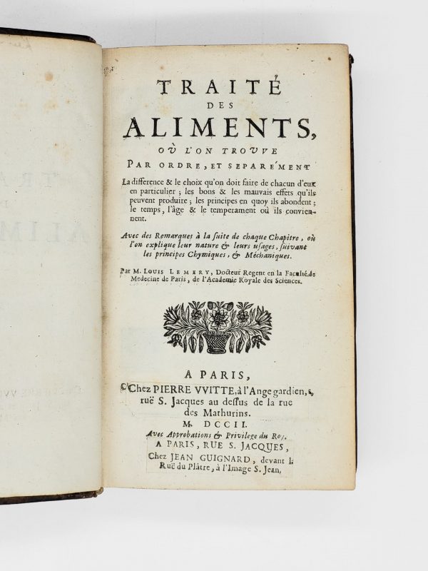 <span class="artist-name-product">LEMERY  Nicolas</span> Traité des aliments, où l'on trouve par ordre, et separément la différence & le choix qu'on doit faire de chacun d'eux en particulier; les bons & les mauvais effets qu'ils peuvent produire...
