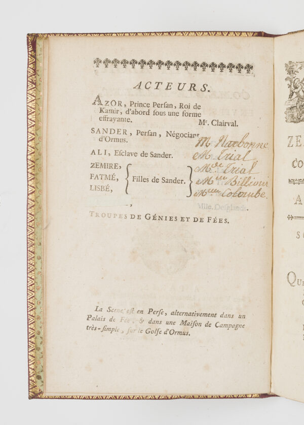 <span class="artist-name-product">MARMONTEL Jean-François</span> Zémire et Azor, comédie ballet,  en vers et en quatre actes; Mêlée de chants & de danses; Représentée devant Sa Majesté à Fontainebleau, le 9 novembre 1771, & sur le Théâtre de la Comédie italienne, le Lundi 16 Décembre suivant. – Image 3