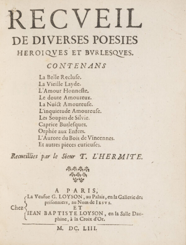<span class="artist-name-product">LHERMITE  Tristan</span> Recueil de diverses poésies héroïques et burlesques. – Image 2