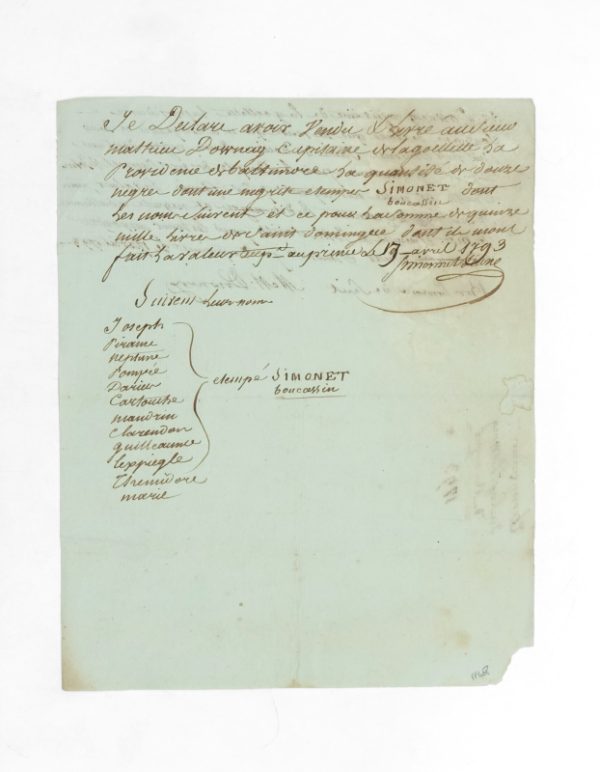 <span class="artist-name-product">ANTILLES </span> Reconnaissance du capitaine Downing de 12 esclaves. Pièce signée par Simonnet jeune et Matthew Downing. – Image 2