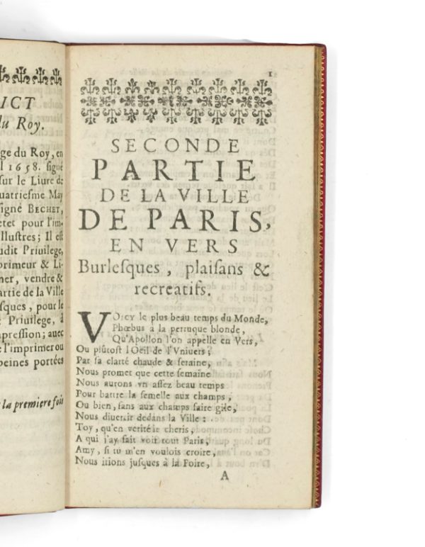 <span class="artist-name-product">COLLETET François</span> Le tracas de Paris, ou La Seconde partie de la ville de Paris, en vers burlesques ; contenant, la Foire Saint Laurent. Les Marionettes. Les subtilitez du Pont-neuf. Le départ des coches. L’intrigue des servantes. L’affeterie de bourgeoises. Le vin d’Espagne. Les mauvais lieux qu’on fait sauter. Les Gobelins. Les Estrenes. Et diverses autres descripions plaisantes & recreative. – Image 2