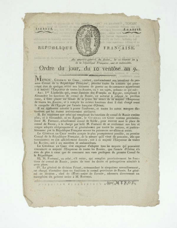<span class="artist-name-product">CAMPAGNE D'ÉGYPTE - MENOU  général</span> Ordre du jour, du 10 ventôse an 9.