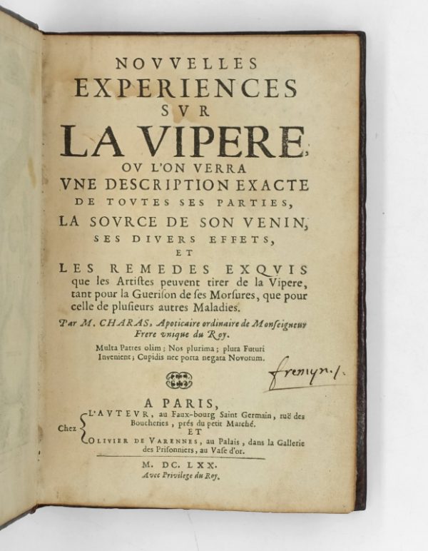 <span class="artist-name-product">CHARAS  Moyse</span> Nouvelles expériences sur la vipère, ou l'on verra une description exacte de toutes ses parties, la source de son venin, ses divers effets, et les remèdes exquis que les artistes peuvent tirer de la vipère, tant pour la guérison sur ses morsures, que pour celle de plusieurs autres maladies. – Image 2