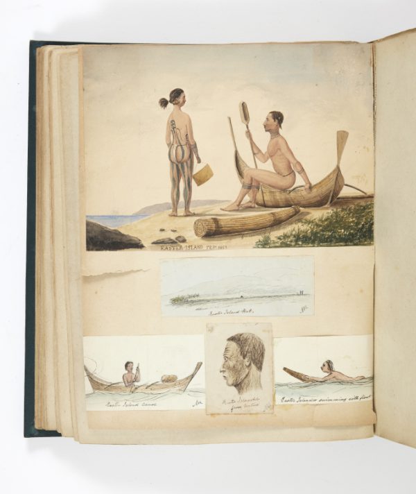 <span class="artist-name-product">LOWTHER  Rear Admiral Marcus</span> Privately composed album of 171 original drawings and watercolours, and 1 original photograph documenting the travels of Rear Admiral Marcus Lowther to Asia (including Macao, China, Hong Kong), South America (Chile, Peru), Southern Pacific (Easter Islands, Marquesas Islands, Pitcairn Island).